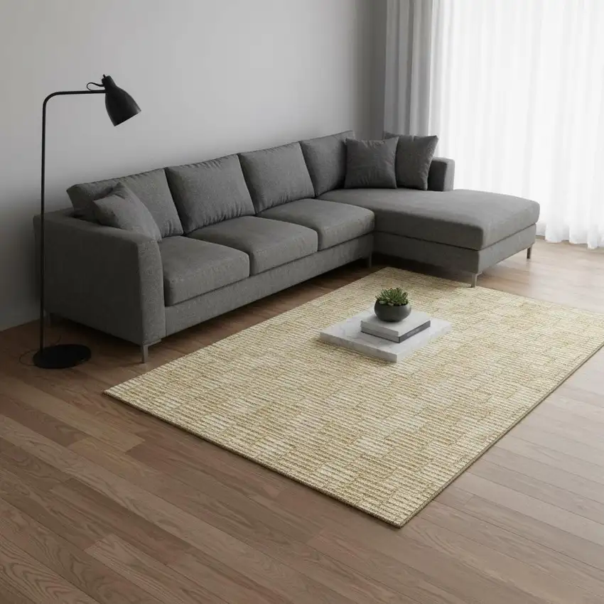 Gold And Ivory Abstract Geometric Washable Area Rug With UV Protection Photo 2