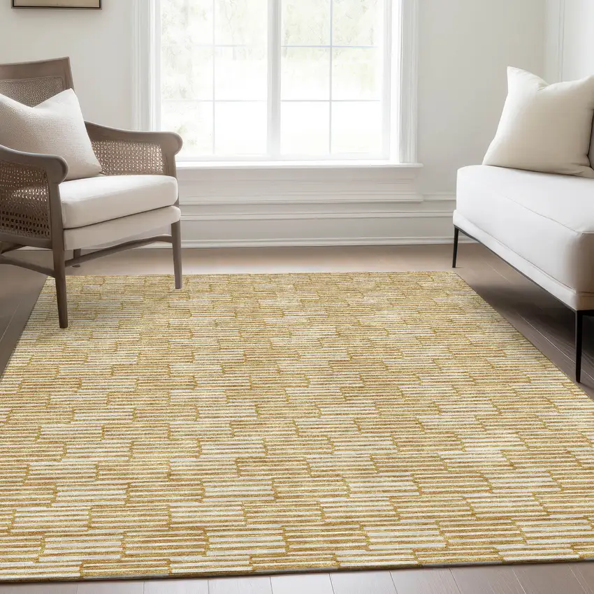 Gold And Ivory Abstract Geometric Washable Area Rug With UV Protection Photo 6