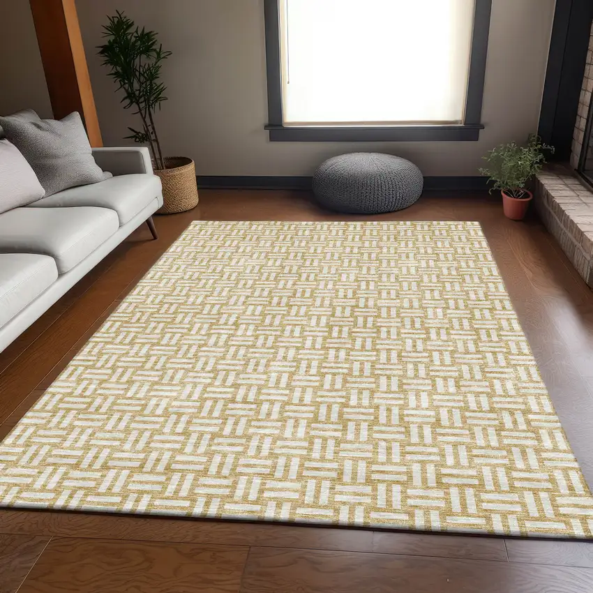 Gold And Ivory Abstract Geometric Washable Area Rug With UV Protection Photo 5