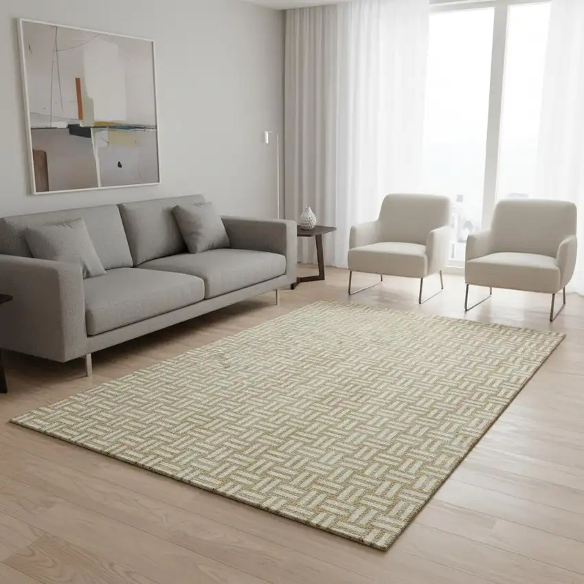 Gold And Ivory Abstract Geometric Washable Area Rug With UV Protection Photo 2