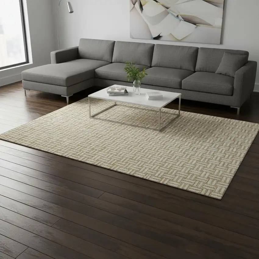 Gold And Ivory Abstract Geometric Washable Area Rug With UV Protection Photo 2