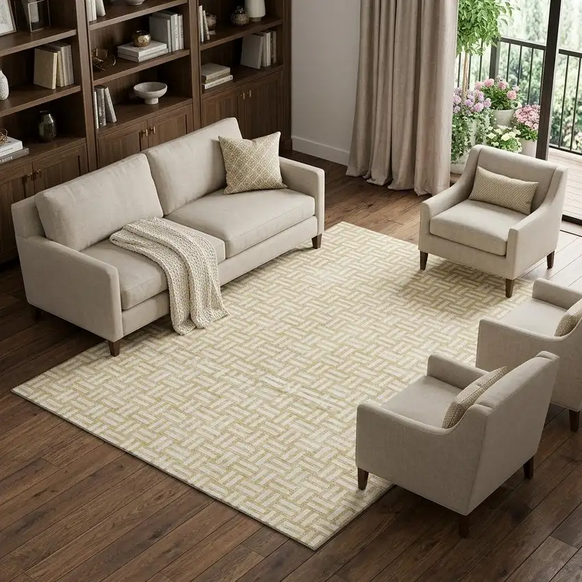 Gold And Ivory Abstract Geometric Washable Area Rug With UV Protection Photo 1