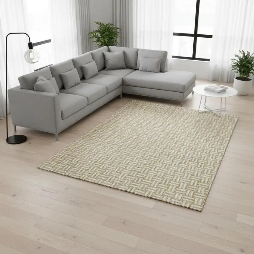 Gold And Ivory Abstract Geometric Washable Area Rug With UV Protection Photo 2