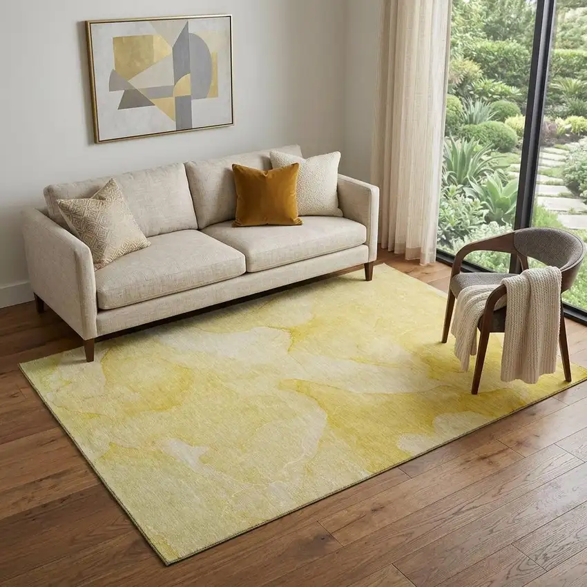 Gold And Ivory Abstract Washable Area Rug With UV Protection Photo 1