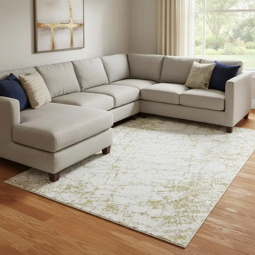 Gold And Ivory Abstract Washable Area Rug With UV Protection Photo 1