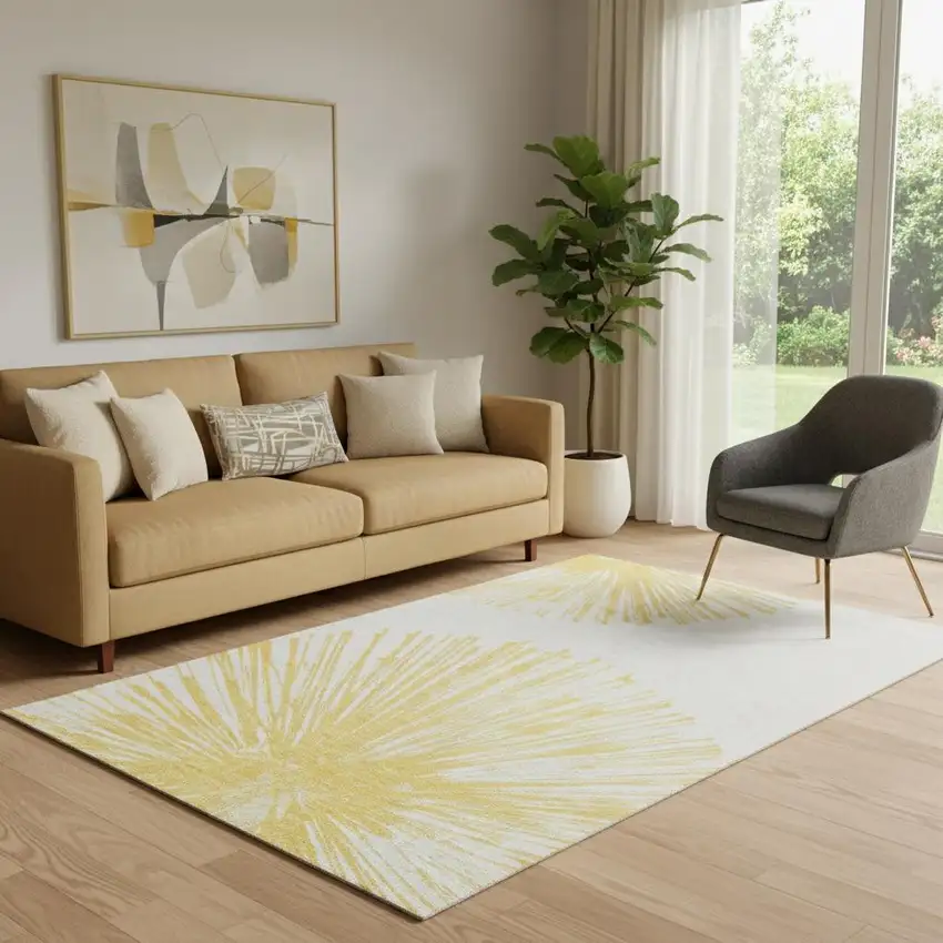 Gold And Ivory Abstract Washable Area Rug With UV Protection Photo 1