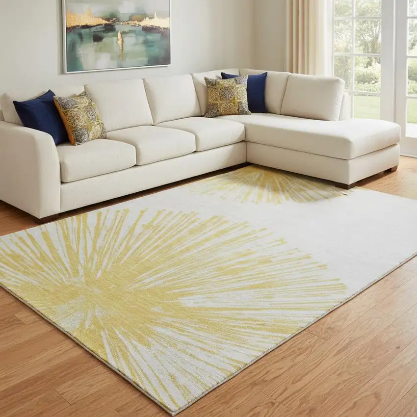 Gold And Ivory Abstract Washable Area Rug With UV Protection Photo 1