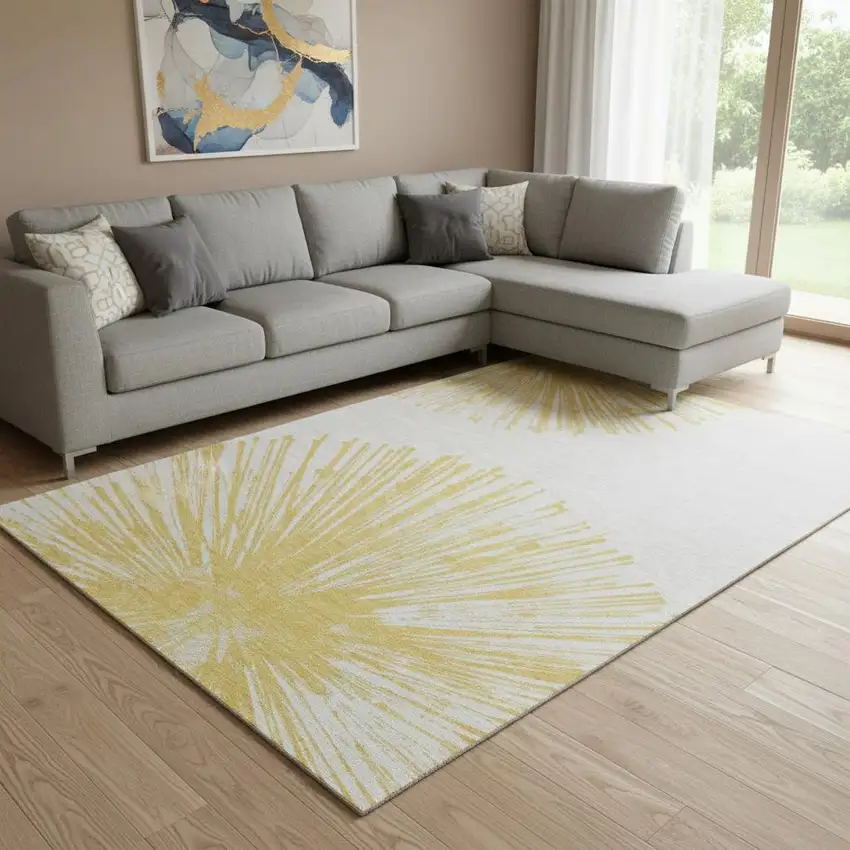Gold And Ivory Abstract Washable Area Rug With UV Protection Photo 1
