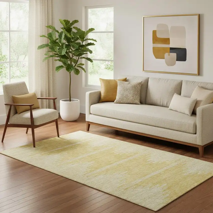 Gold And Ivory Abstract Washable Area Rug With UV Protection Photo 1