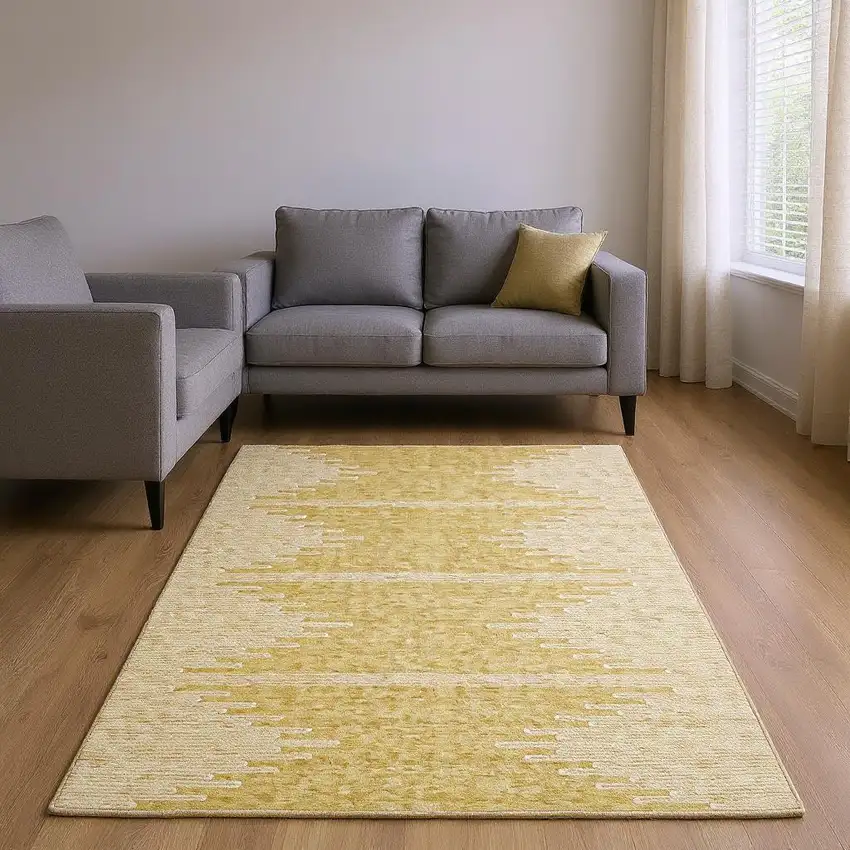 Gold And Ivory Abstract Washable Area Rug With UV Protection Photo 2