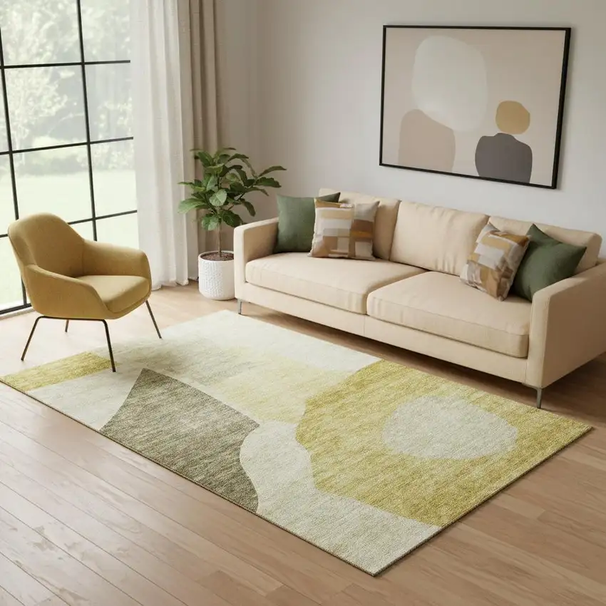 Gold And Ivory Abstract Washable Area Rug With UV Protection Photo 1