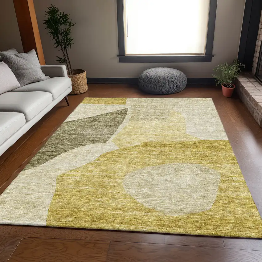 Gold And Ivory Abstract Washable Area Rug With UV Protection Photo 2