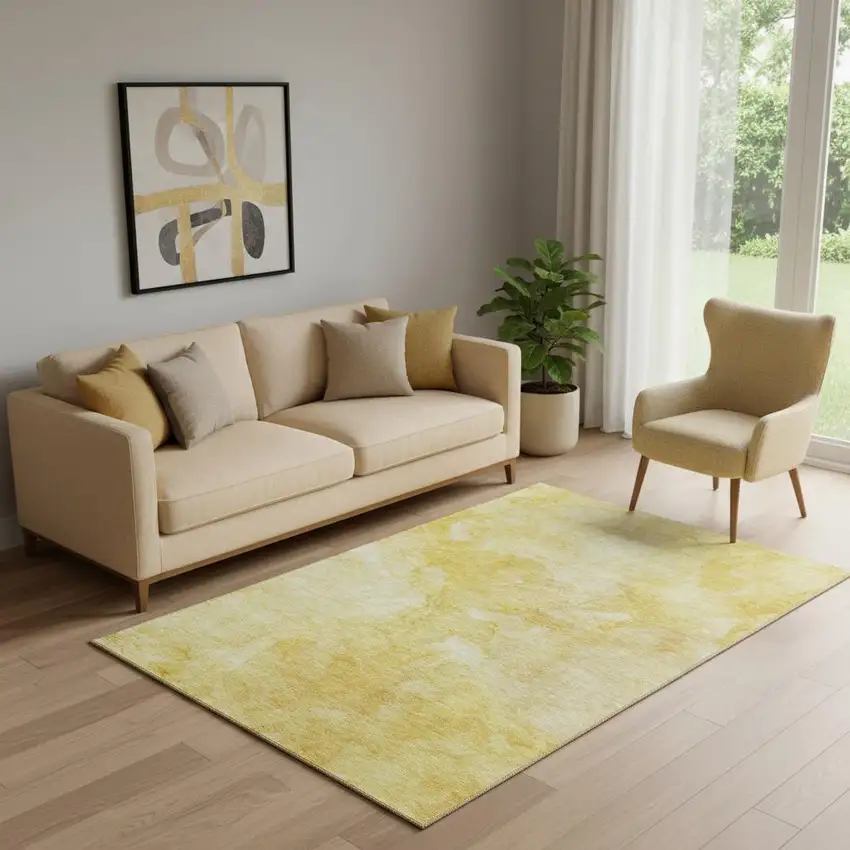 Gold And Ivory Abstract Washable Area Rug With UV Protection Photo 1