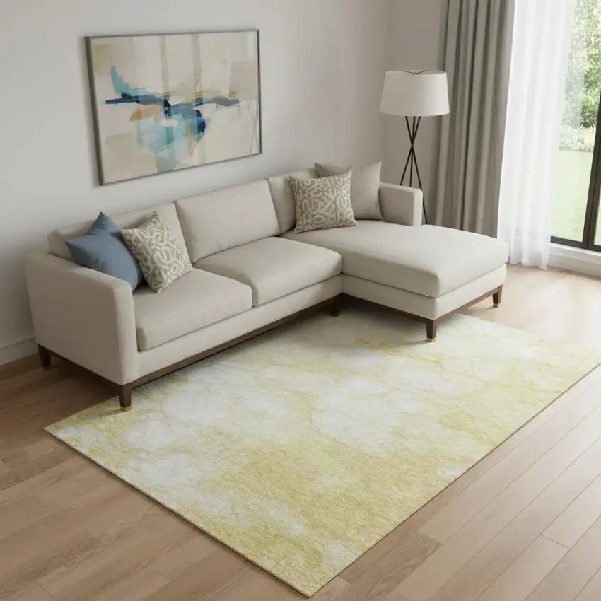 Gold And Ivory Abstract Washable Area Rug With UV Protection Photo 1