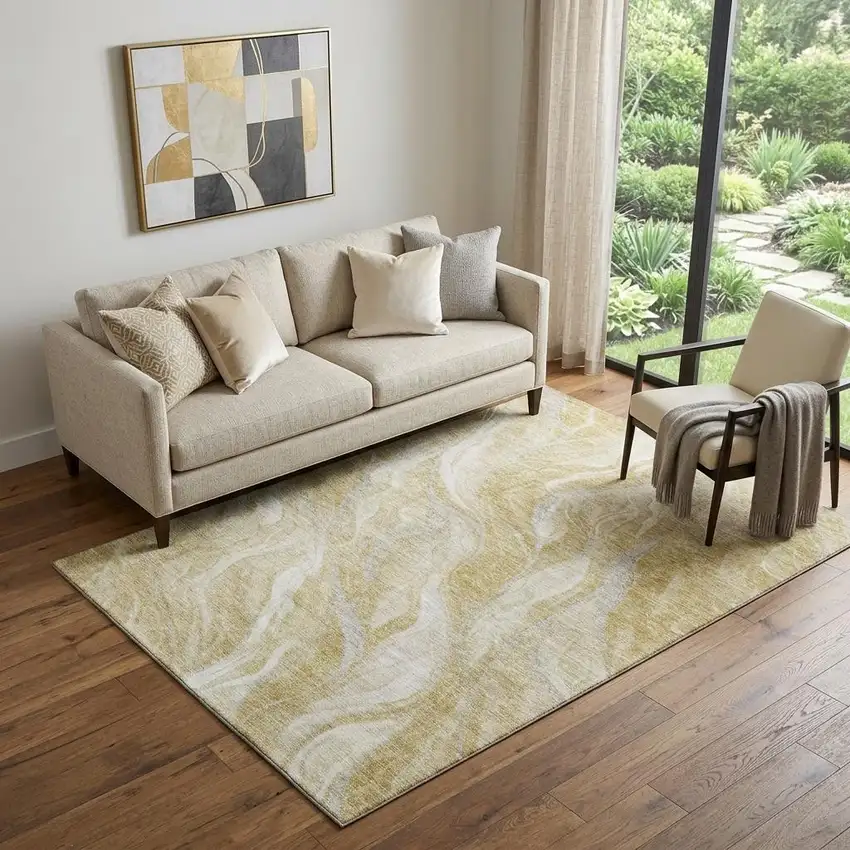 Gold And Ivory Abstract Washable Area Rug With UV Protection Photo 1