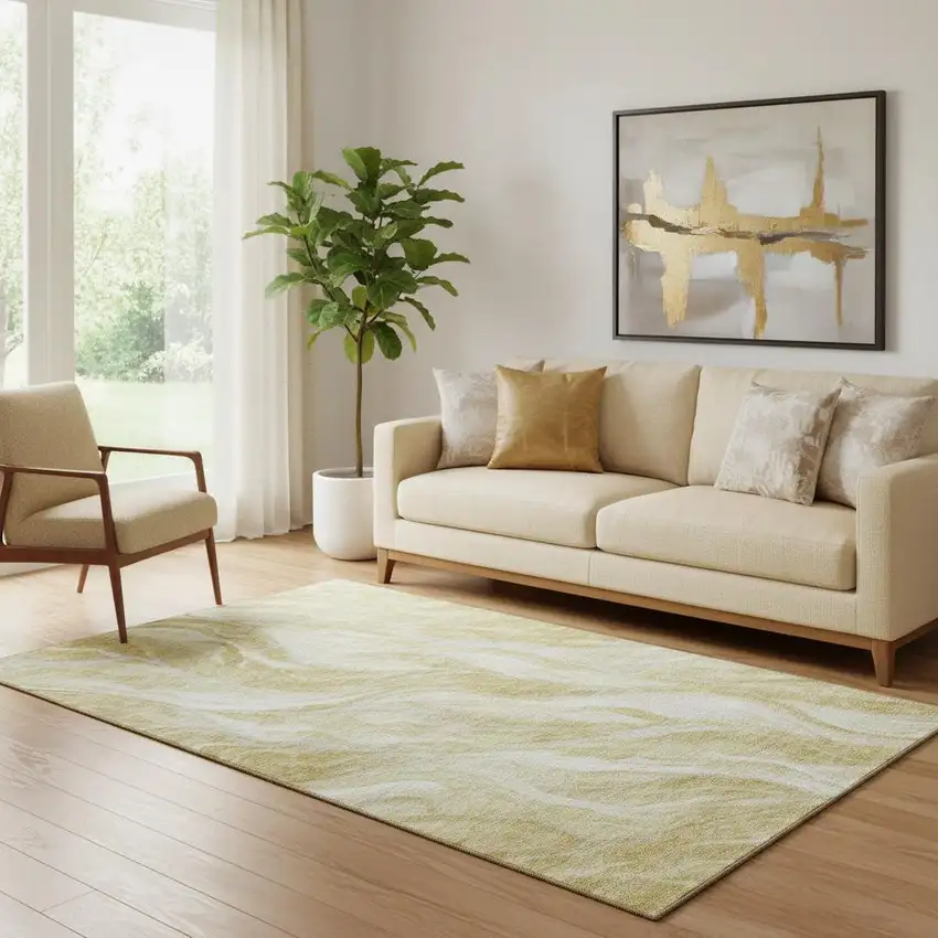 Gold And Ivory Abstract Washable Area Rug With UV Protection Photo 1