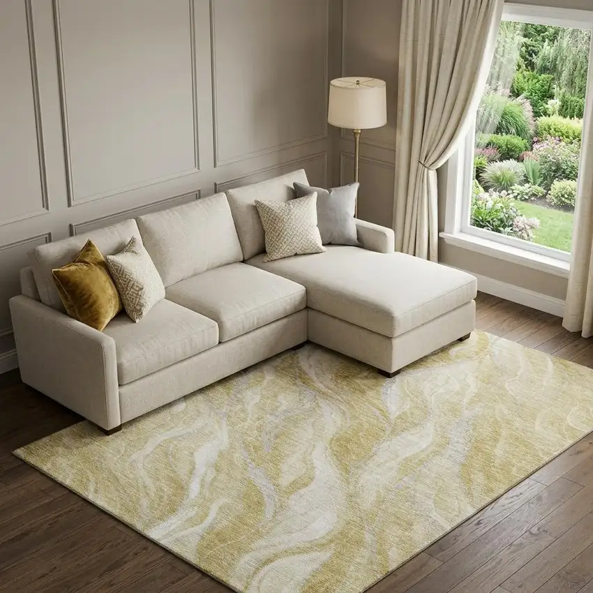 Gold And Ivory Abstract Washable Area Rug With UV Protection Photo 1