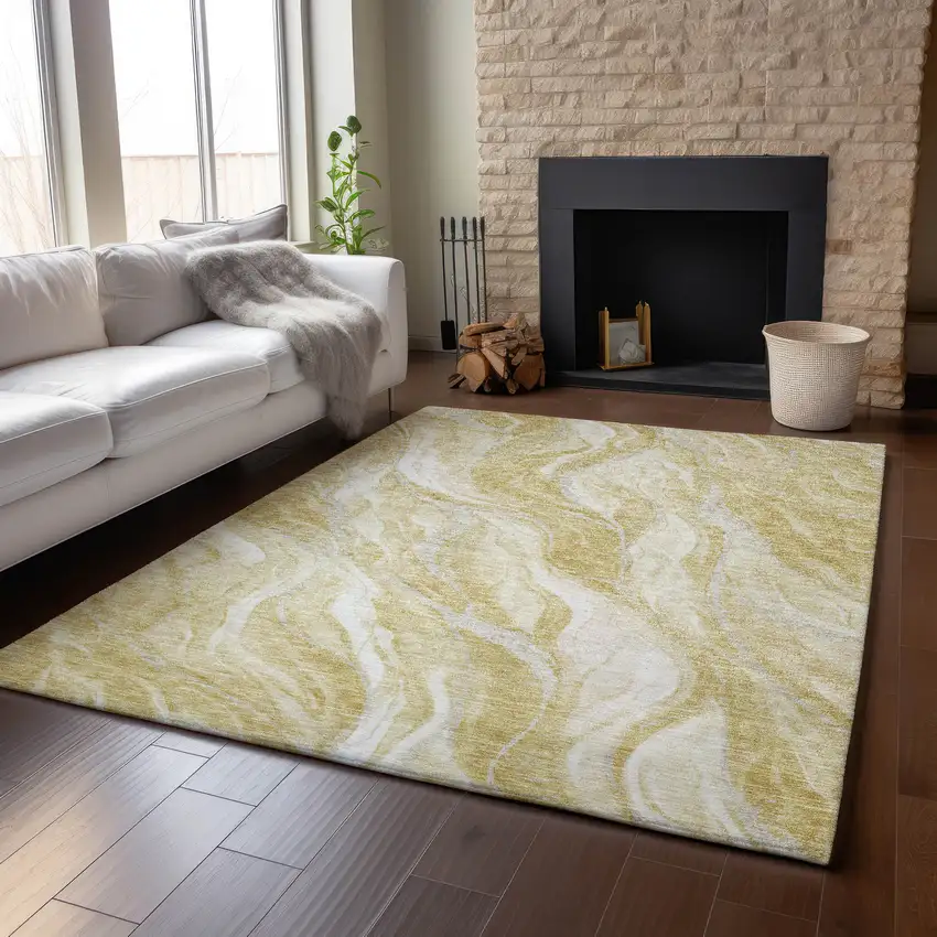 Gold And Ivory Abstract Washable Area Rug With UV Protection Photo 4