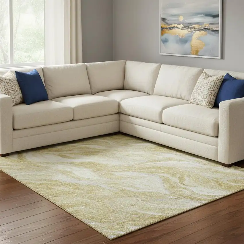 Gold And Ivory Abstract Washable Area Rug With UV Protection Photo 1