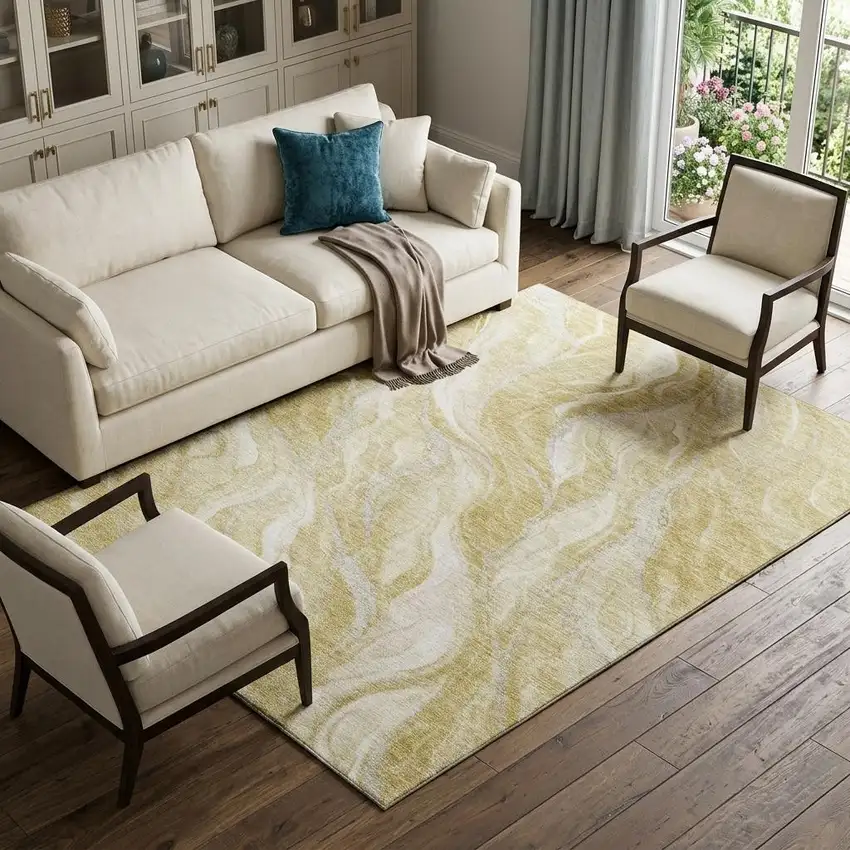 Gold And Ivory Abstract Washable Area Rug With UV Protection Photo 1