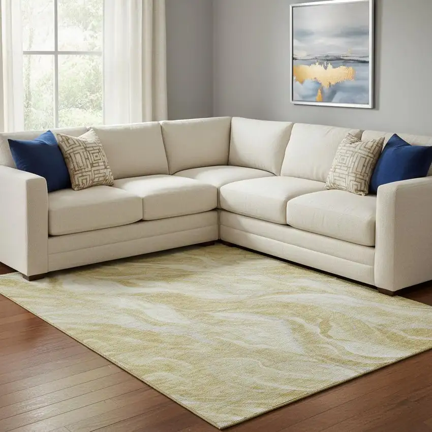 Gold And Ivory Abstract Washable Area Rug With UV Protection Photo 1