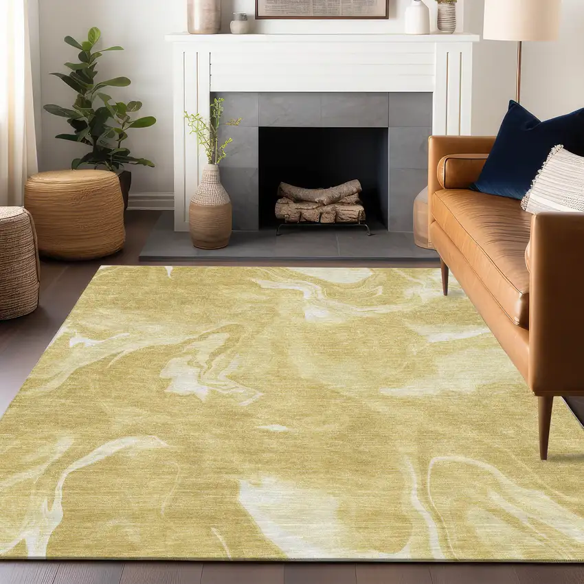 Gold And Ivory Abstract Washable Area Rug With UV Protection Photo 6