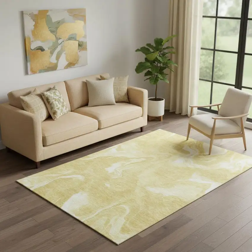Gold And Ivory Abstract Washable Area Rug With UV Protection Photo 1