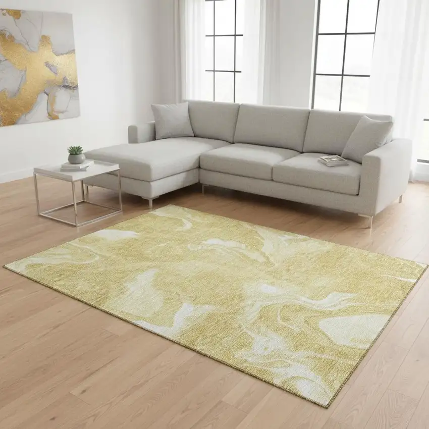 Gold And Ivory Abstract Washable Area Rug With UV Protection Photo 2