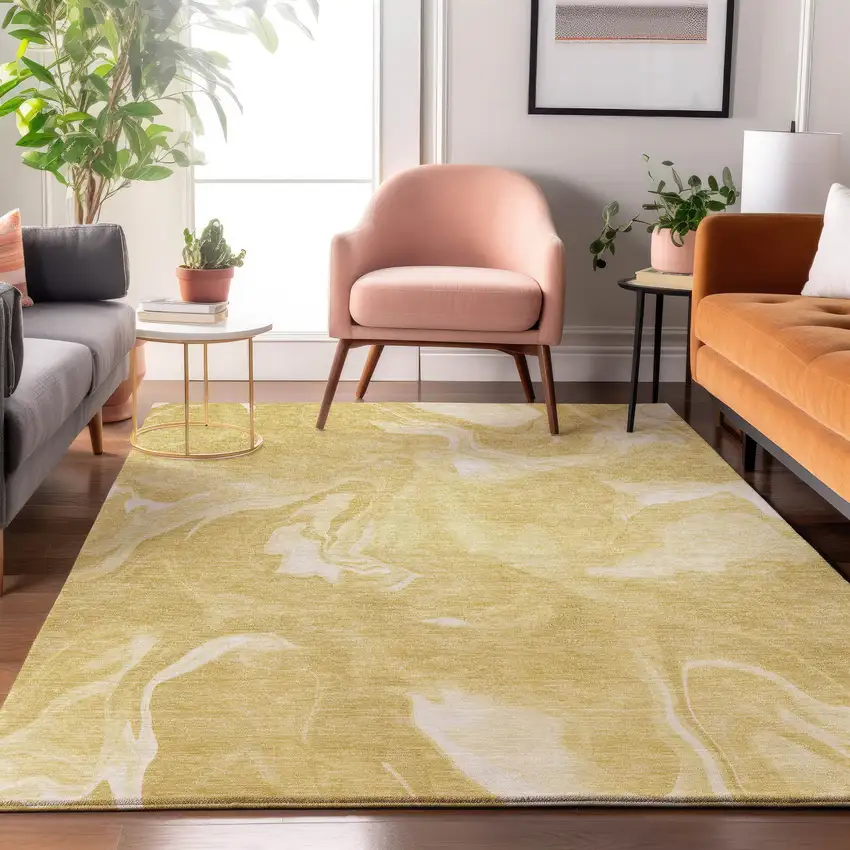 Gold And Ivory Abstract Washable Area Rug With UV Protection Photo 5