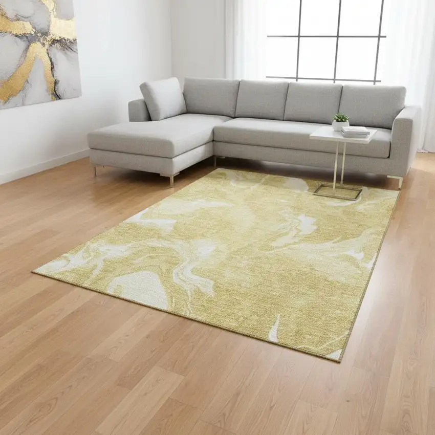 Gold And Ivory Abstract Washable Area Rug With UV Protection Photo 2