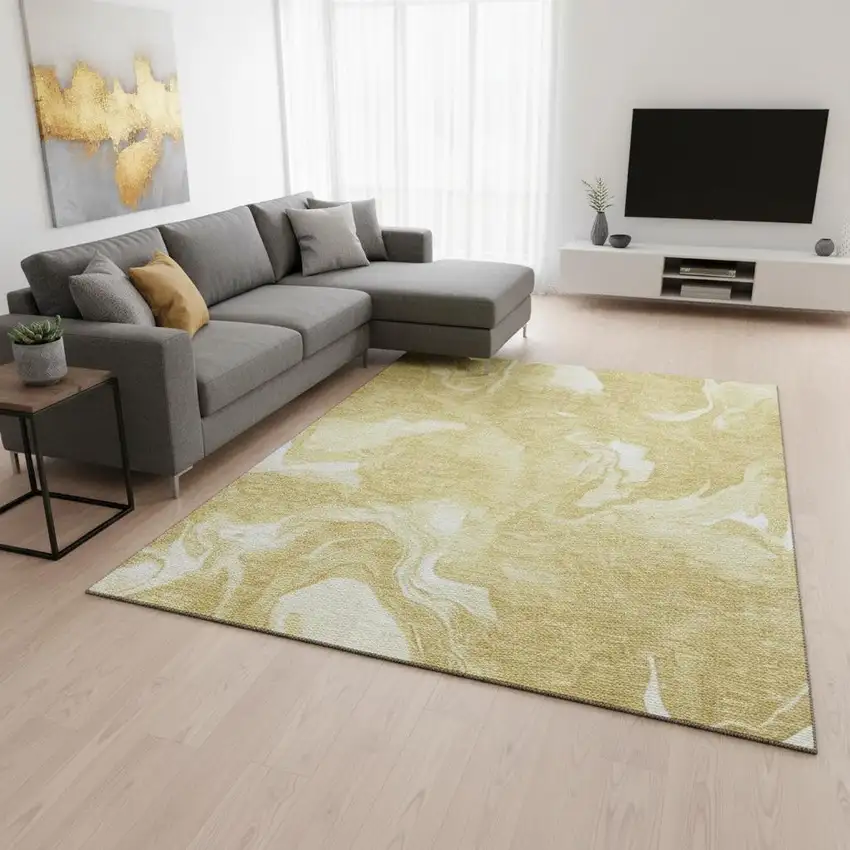 Gold And Ivory Abstract Washable Area Rug With UV Protection Photo 2