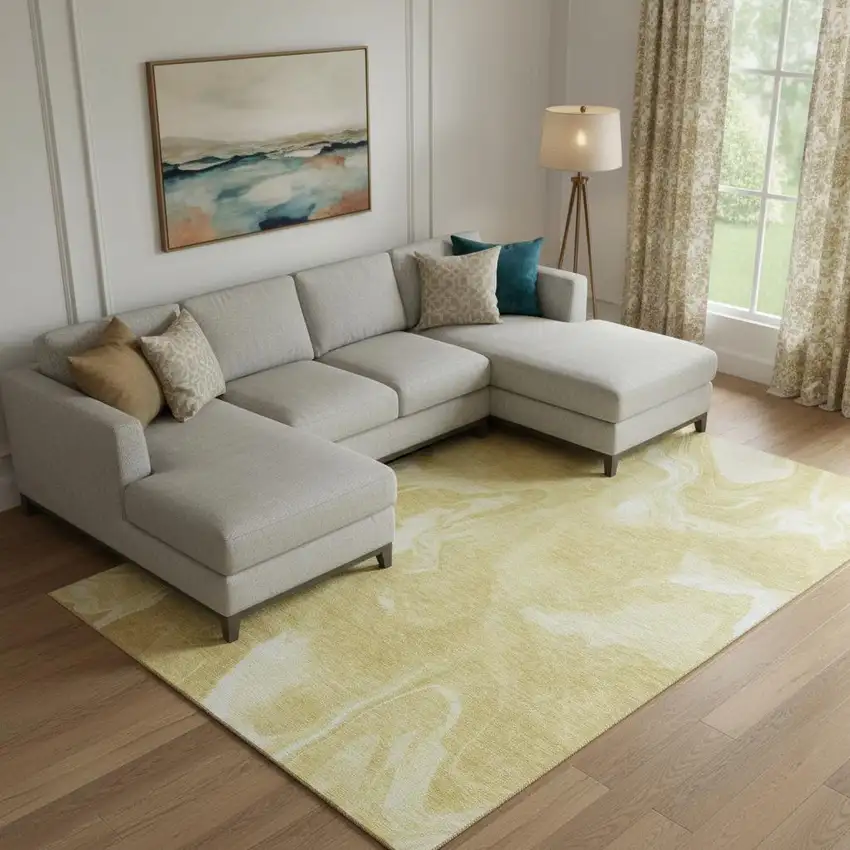 Gold And Ivory Abstract Washable Area Rug With UV Protection Photo 1