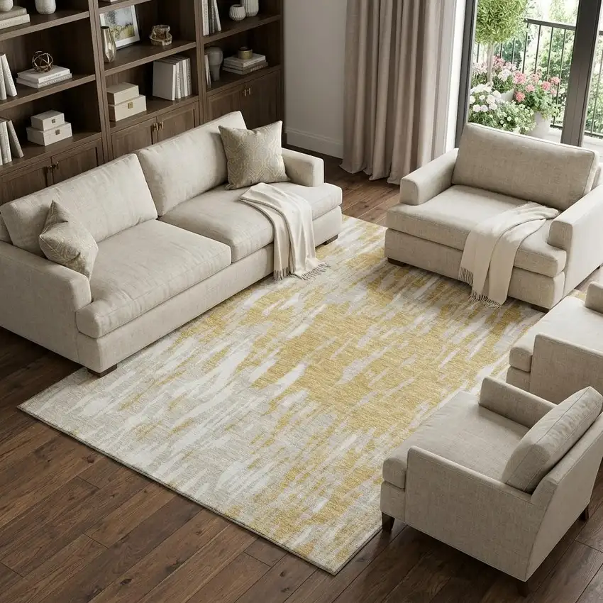 Gold And Ivory Abstract Washable Area Rug With UV Protection Photo 1