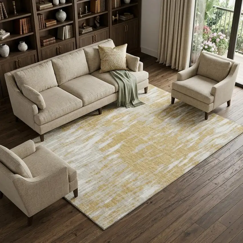 Gold And Ivory Abstract Washable Area Rug With UV Protection Photo 1