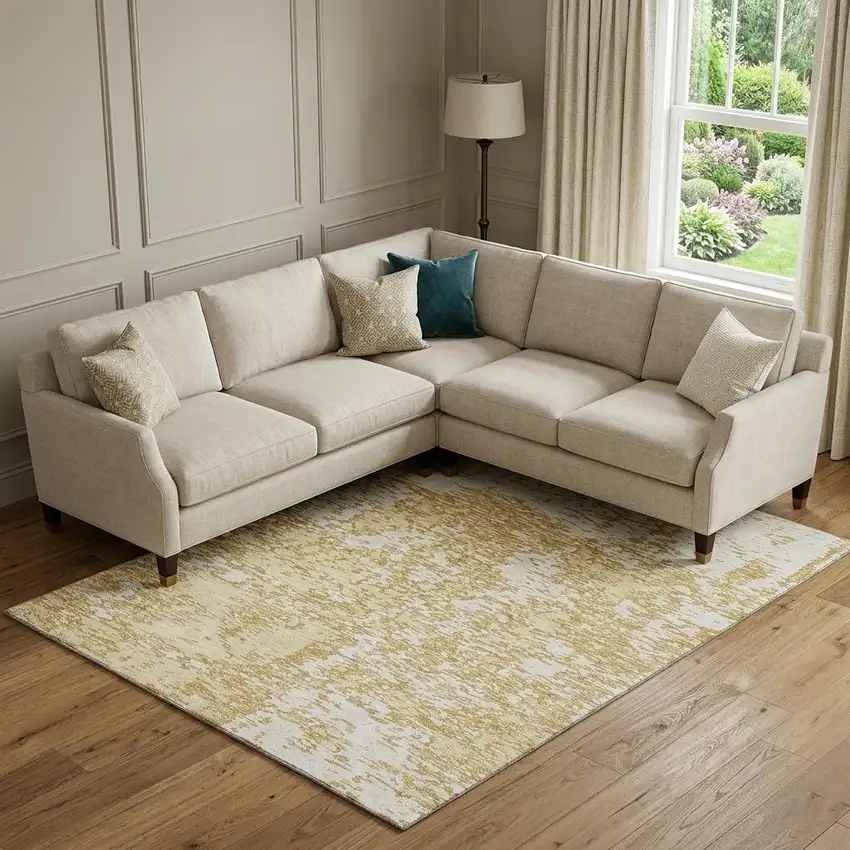 Gold And Ivory Abstract Washable Area Rug With UV Protection Photo 1