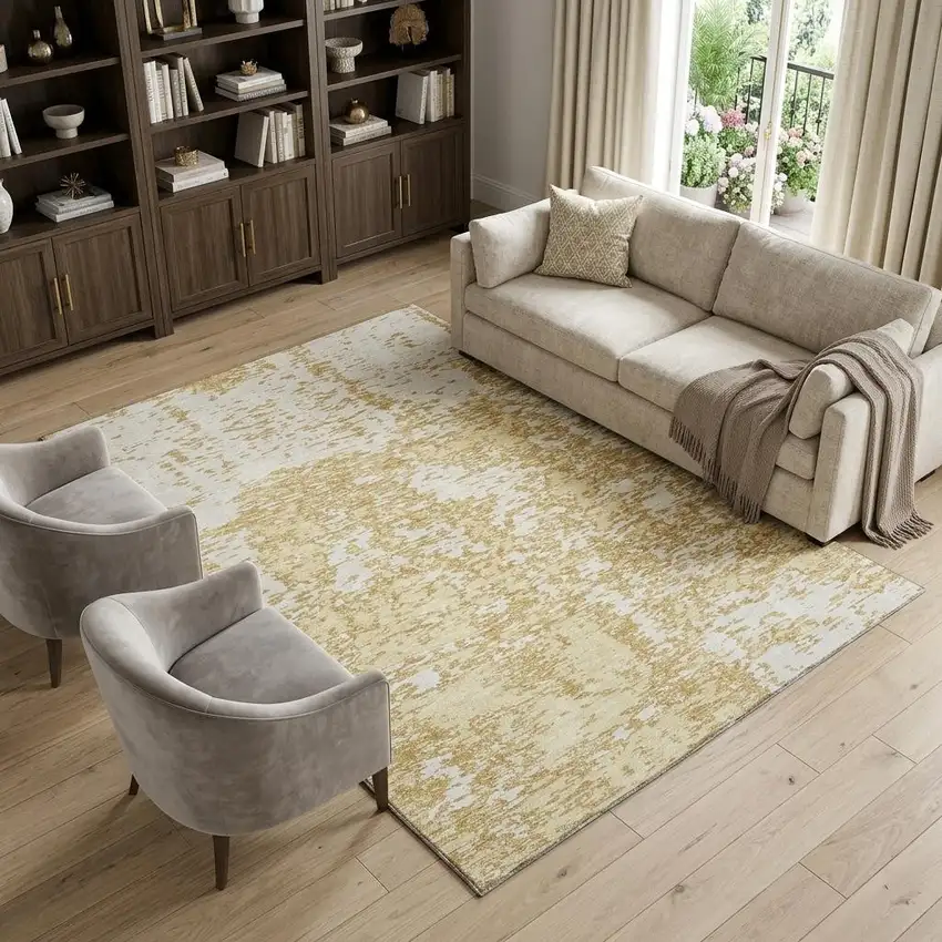 Gold And Ivory Abstract Washable Area Rug With UV Protection Photo 1