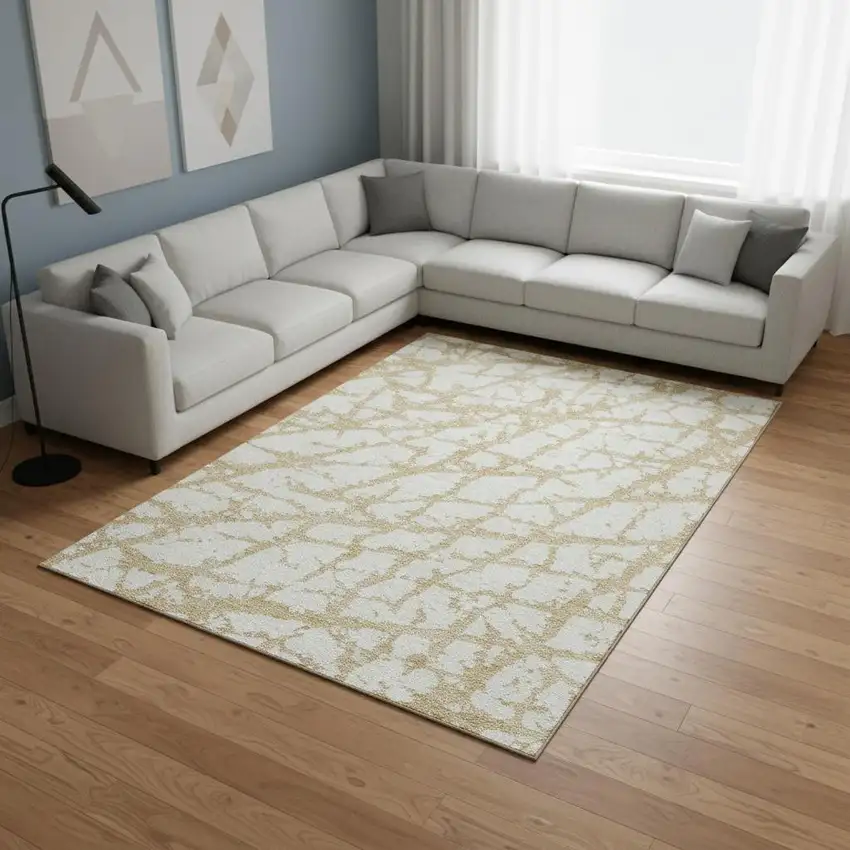 Gold And Ivory Abstract Washable Area Rug With UV Protection Photo 2