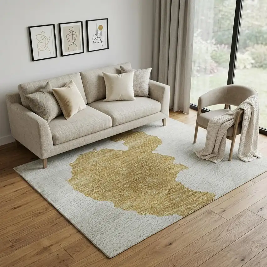 Gold And Ivory Abstract Washable Area Rug With UV Protection Photo 1