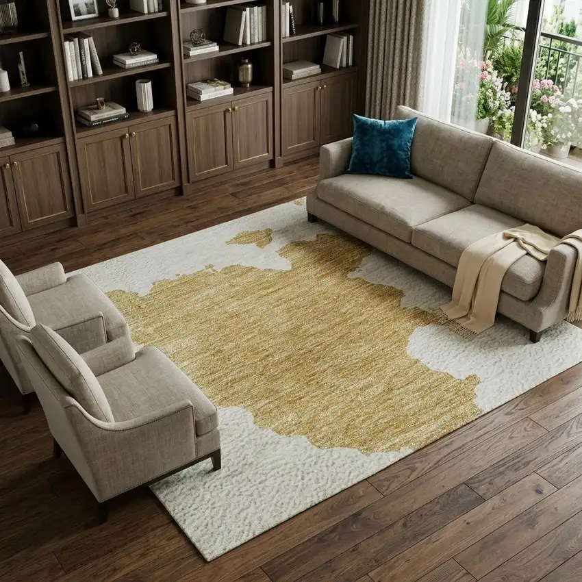 Gold And Ivory Abstract Washable Area Rug With UV Protection Photo 1