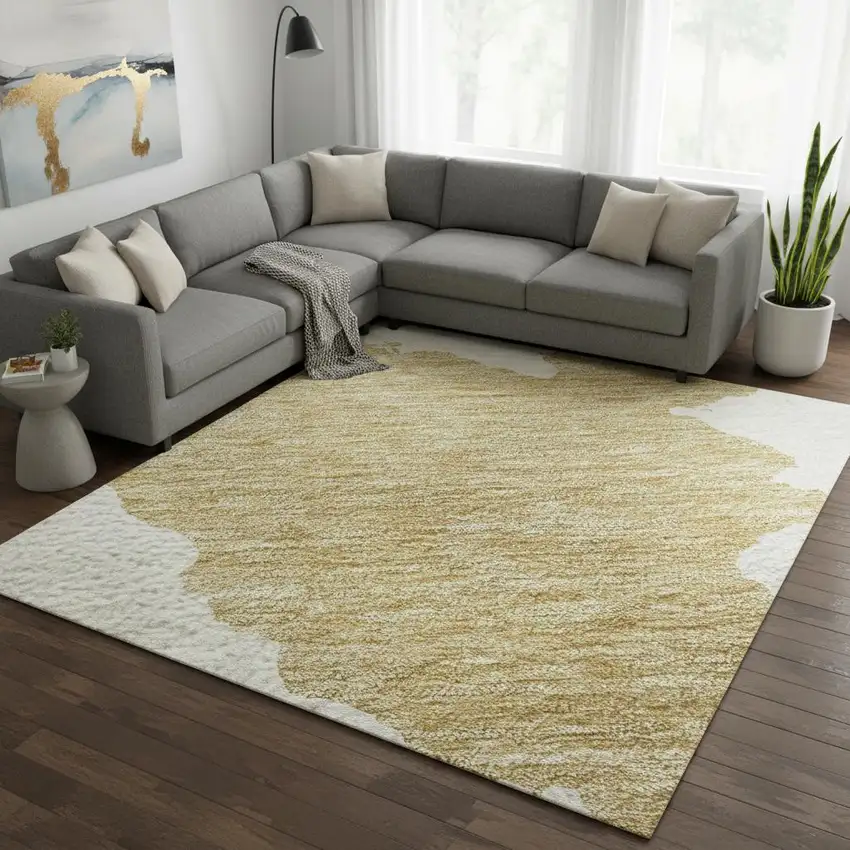 Gold And Ivory Abstract Washable Area Rug With UV Protection Photo 2