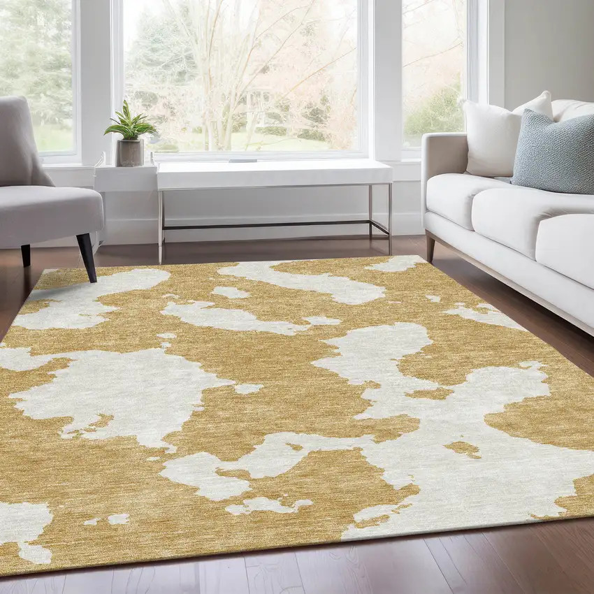 Gold And Ivory Abstract Washable Area Rug With UV Protection Photo 4