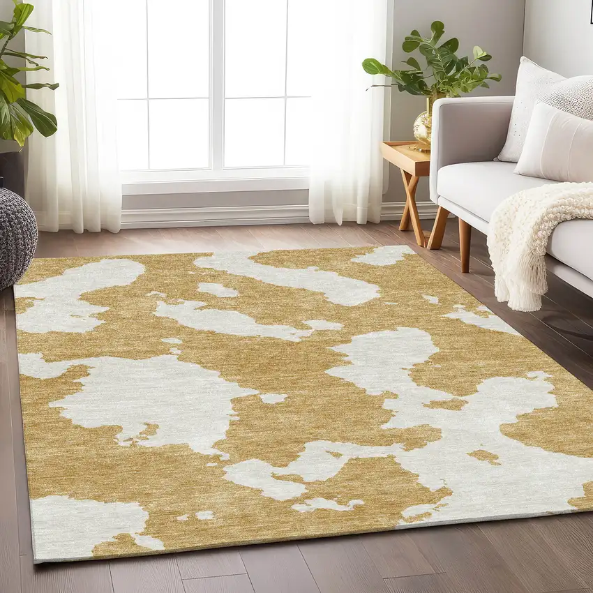 Gold And Ivory Abstract Washable Area Rug With UV Protection Photo 3