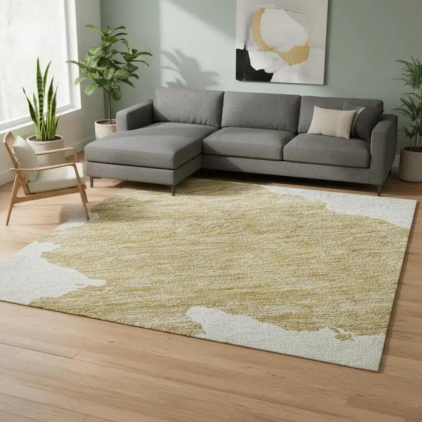 Gold And Ivory Abstract Washable Area Rug With UV Protection Photo 2