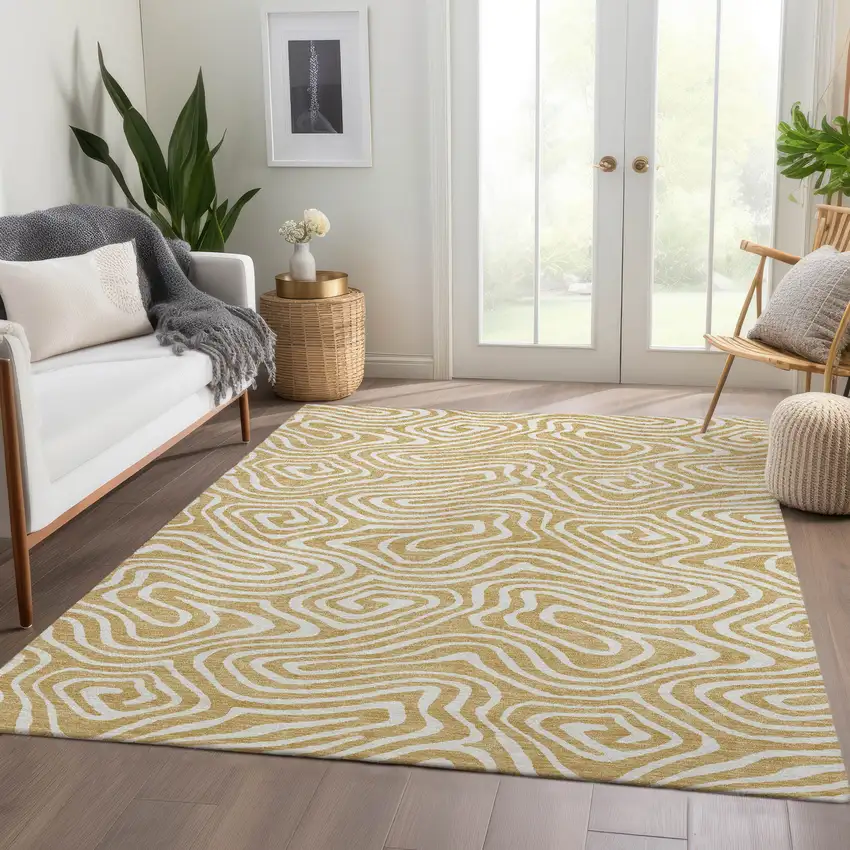 Gold And Ivory Abstract Washable Area Rug With UV Protection Photo 5
