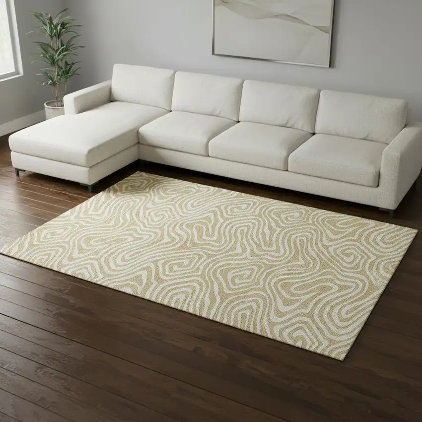 Gold And Ivory Abstract Washable Area Rug With UV Protection Photo 2