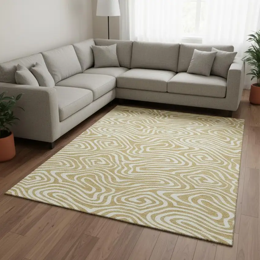 Gold And Ivory Abstract Washable Area Rug With UV Protection Photo 2