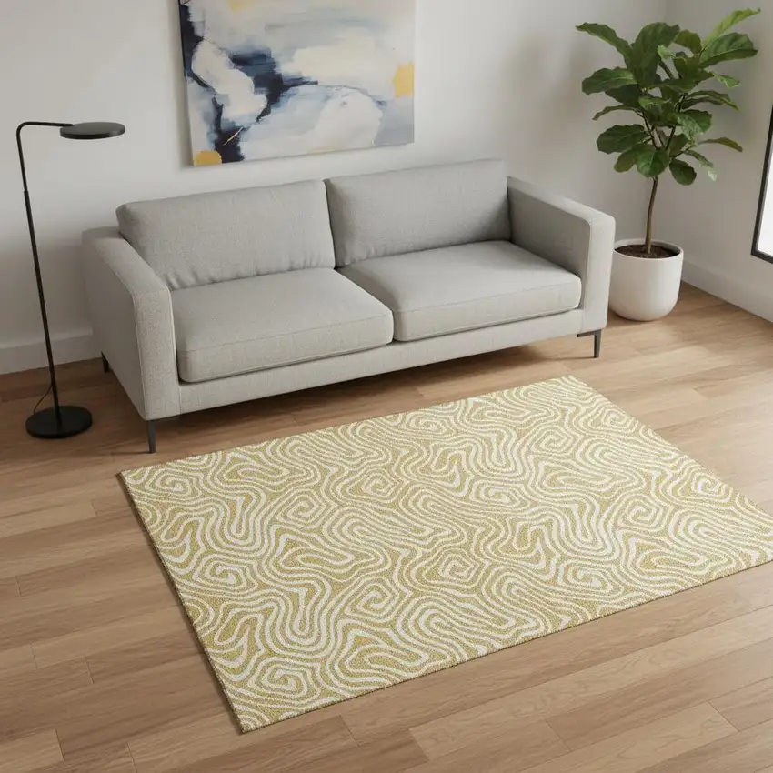 Gold And Ivory Abstract Washable Area Rug With UV Protection Photo 2