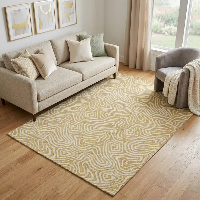 Gold And Ivory Abstract Washable Area Rug With UV Protection Photo 1