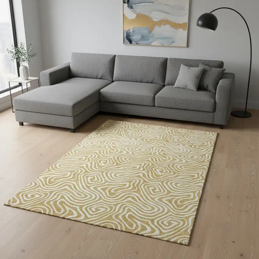 Gold And Ivory Abstract Washable Area Rug With UV Protection Photo 2