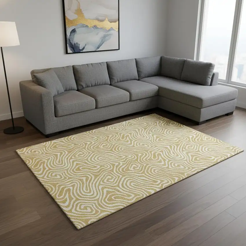 Gold And Ivory Abstract Washable Area Rug With UV Protection Photo 2